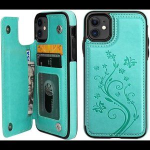 iPhone 11 Case Wallet with Card Holder, Embossed Butterfly, 6.1 inch, Green